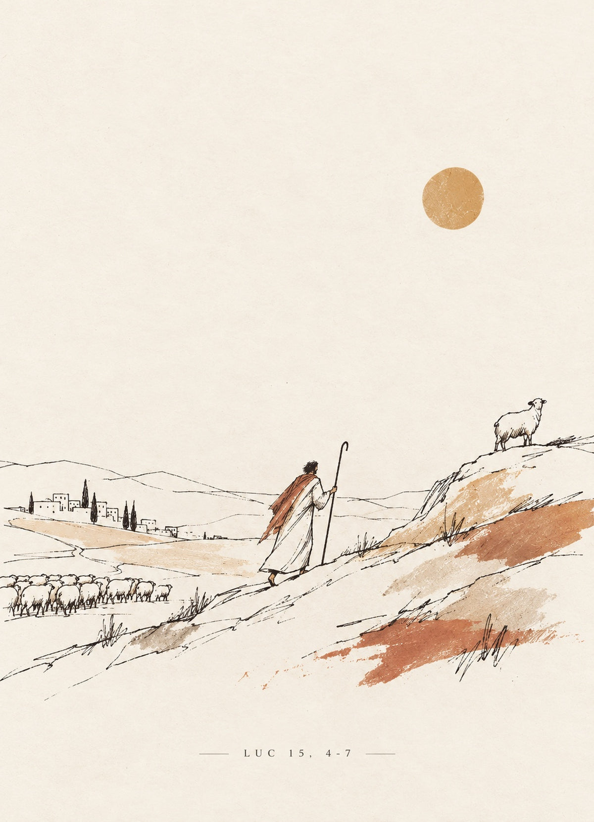 The Lost Sheep art print by FIDAEM, Luke 15:4–7: a shepherd approaching a lone sheep on a hillside beneath a golden ochre sun