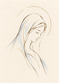 Minimalist Virgin Mary art print by FIDAEM: bowed head drawn in fine brown and golden lines with soft blue accents on a cream background