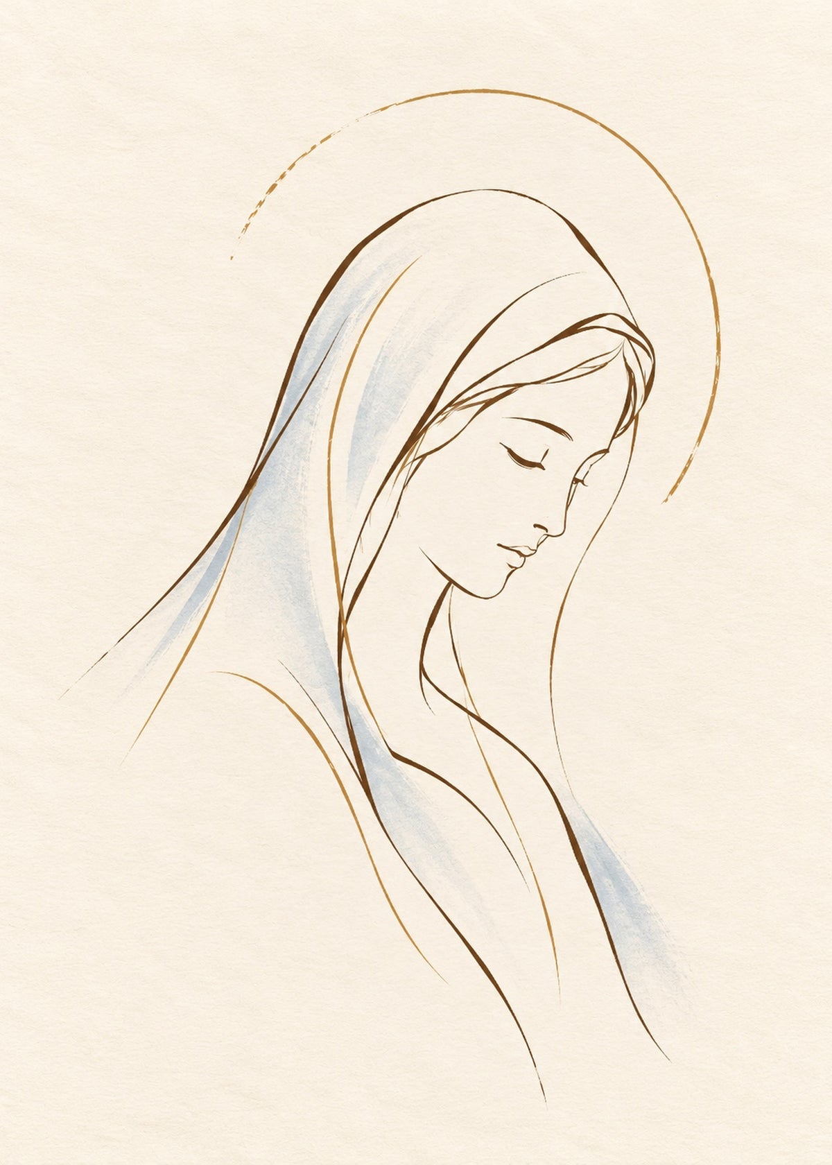 Minimalist Virgin Mary art print by FIDAEM: bowed head drawn in fine brown and golden lines with soft blue accents on a cream background