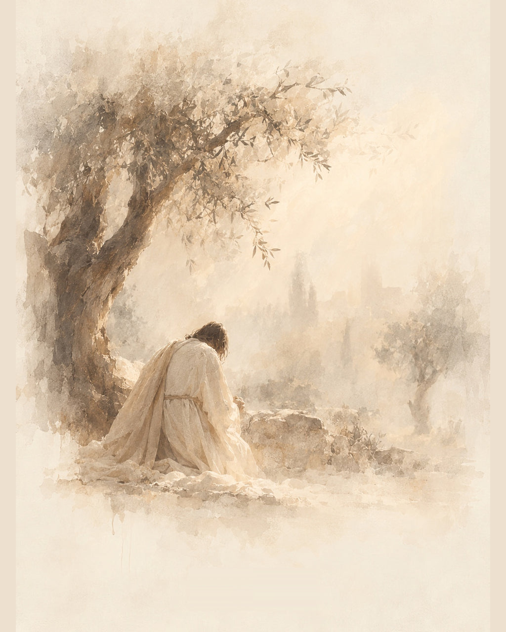 Watercolor-style Christian wall poster depicting Jesus praying in the Garden of Gethsemane beneath an olive tree, in soft beige and neutral tones.
