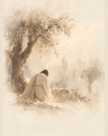 Watercolor-style Christian wall poster depicting Jesus praying in the Garden of Gethsemane beneath an olive tree, in soft beige and neutral tones.
