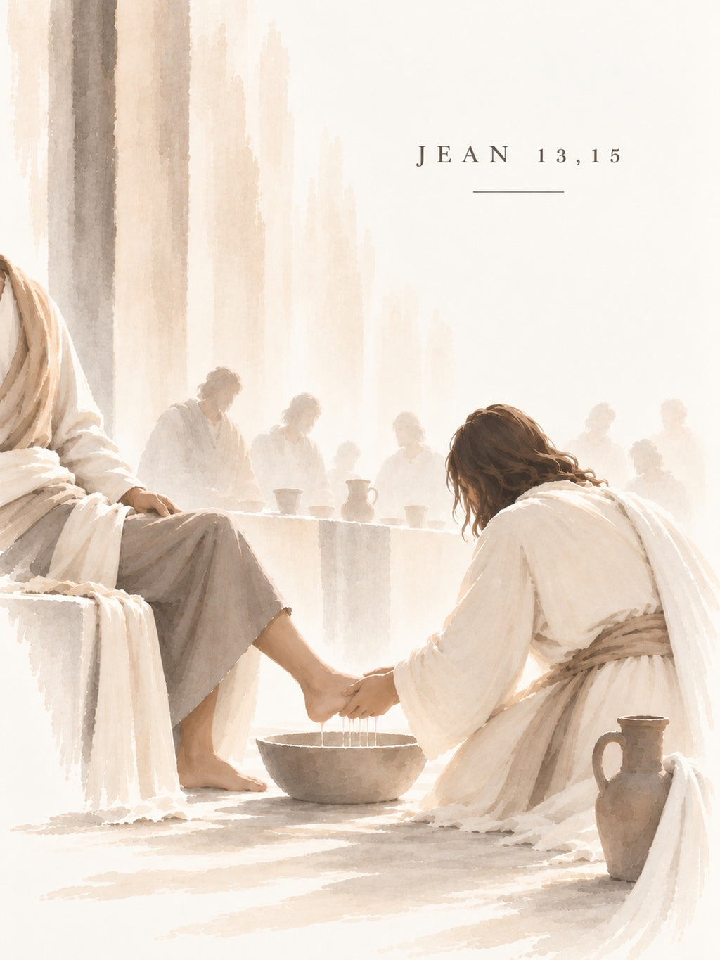 FIDAEM Christian poster: Jesus washing a disciple’s feet over a basin, in ivory and beige tones, with the inscription “Jean 13,15”