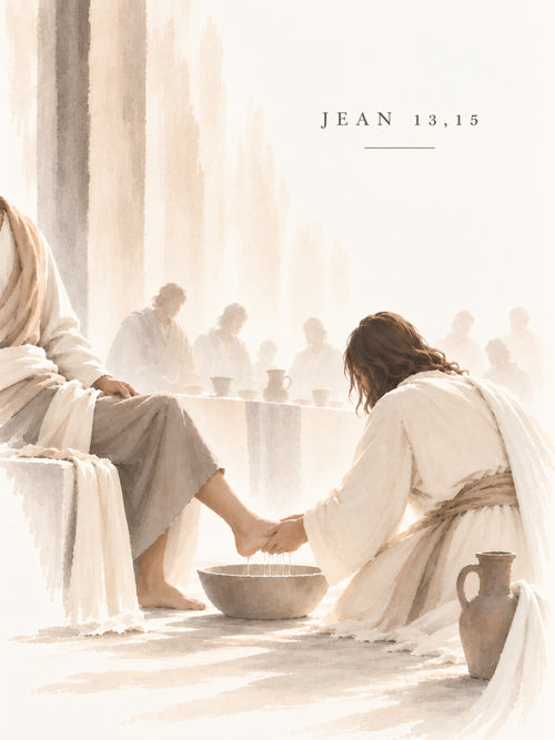 Jesus washing a disciple’s feet in a softly lit biblical scene inspired by John 13:15, symbolizing humility, service, and Christian love.