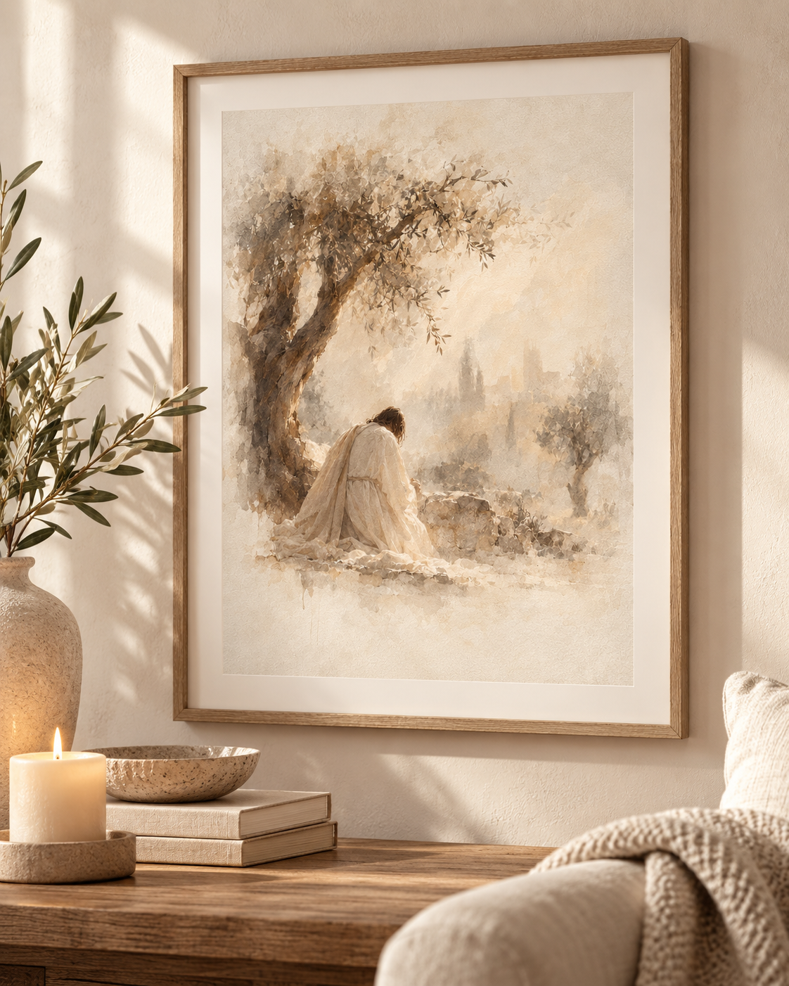 Christian wall poster of Jesus praying beneath an olive tree in the Garden of Gethsemane, displayed in a warm, neutral living room with natural wood and soft beige decor.